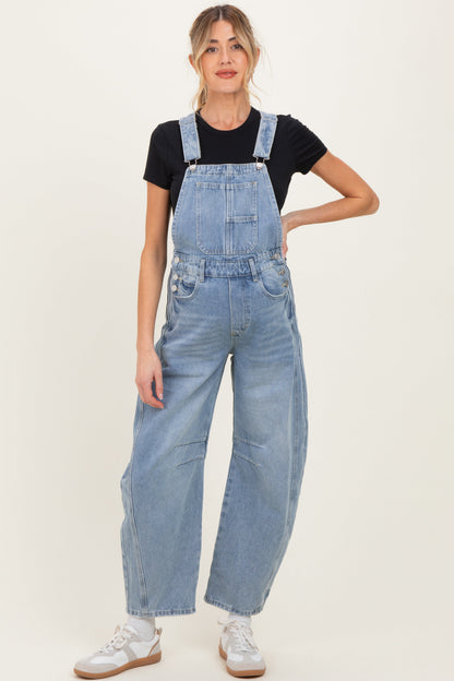 Light Blue Barrel Leg Maternity Denim Overalls