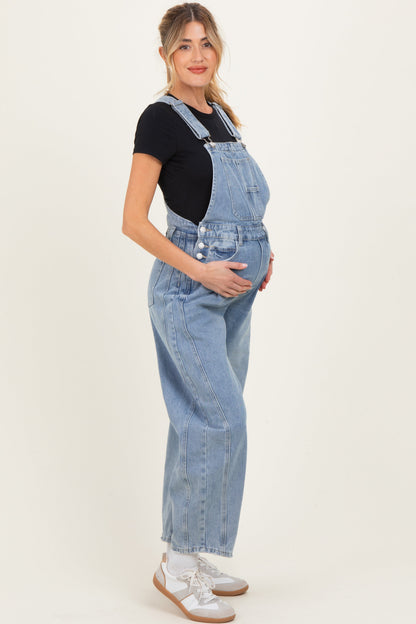 Light Blue Barrel Leg Maternity Denim Overalls