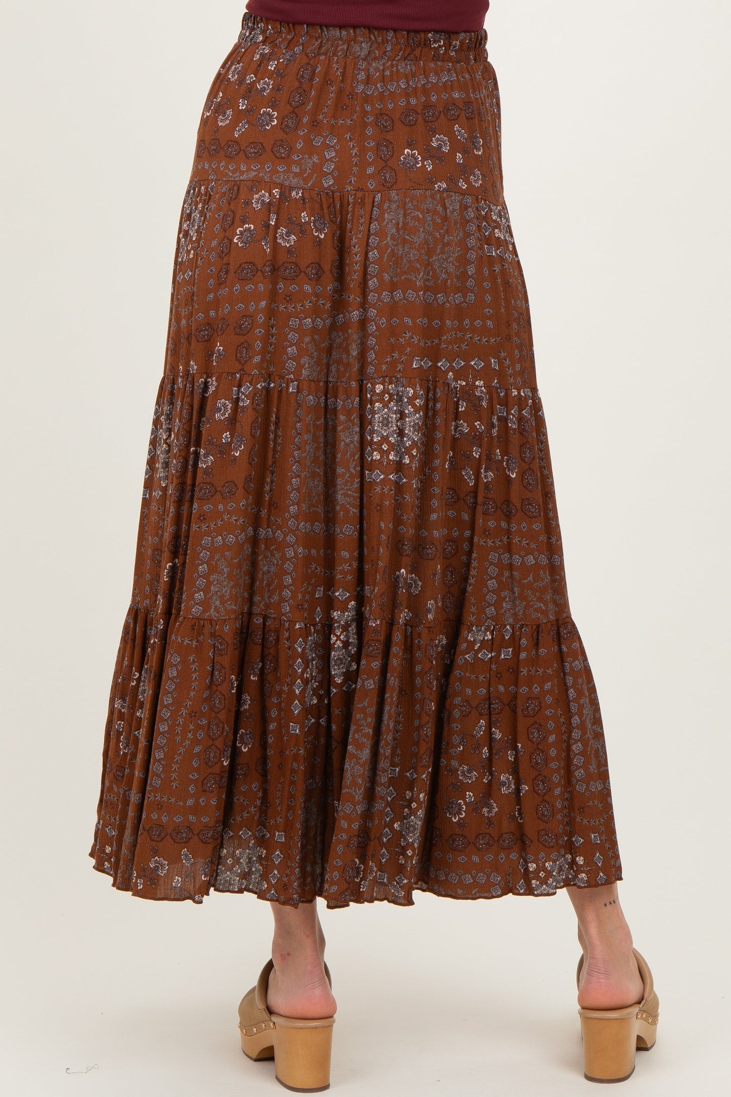 Brown Printed Tiered Maternity Maxi Skirt