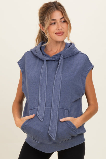 Navy Mineral Wash Sleeveless Maternity Hoodie