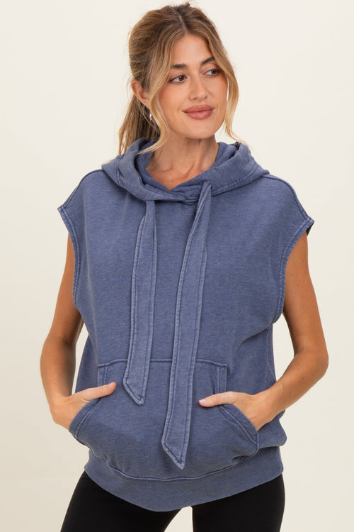 Navy Mineral Wash Sleeveless Maternity Hoodie
