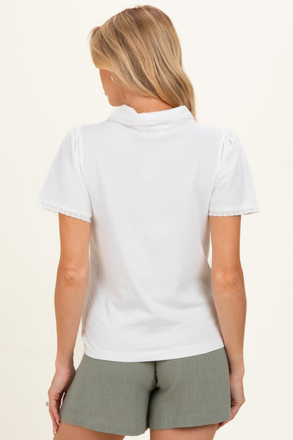 White Lace Trim Maternity Polo Shirt