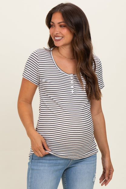 Black Stripe Scoop Neck Henley Maternity Top