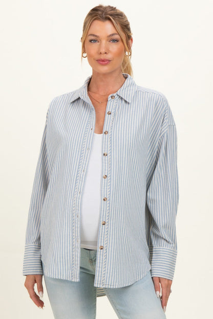 Blue Oversized Striped Button Down Long Sleeve Maternity Shirt