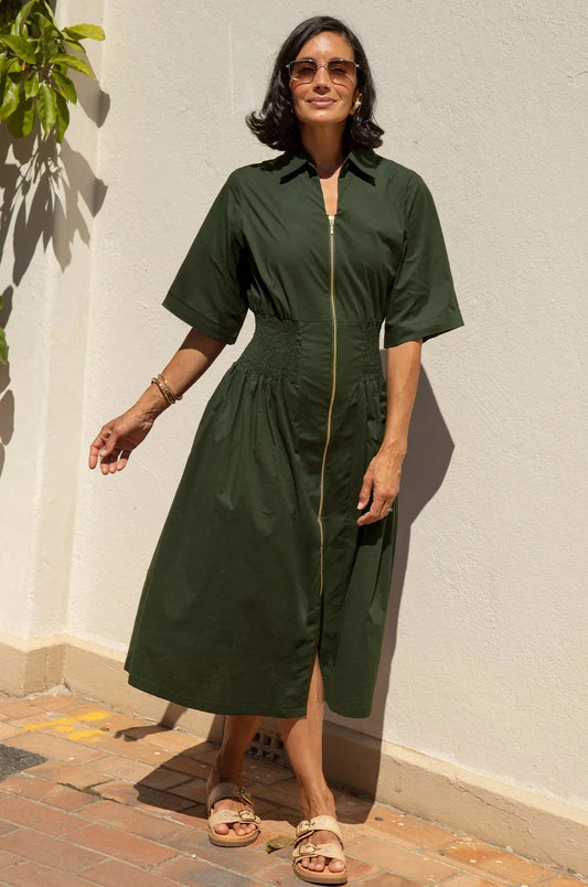 Laura Short Sleeve Smocked Waist Zip Front Midi Dress Olive