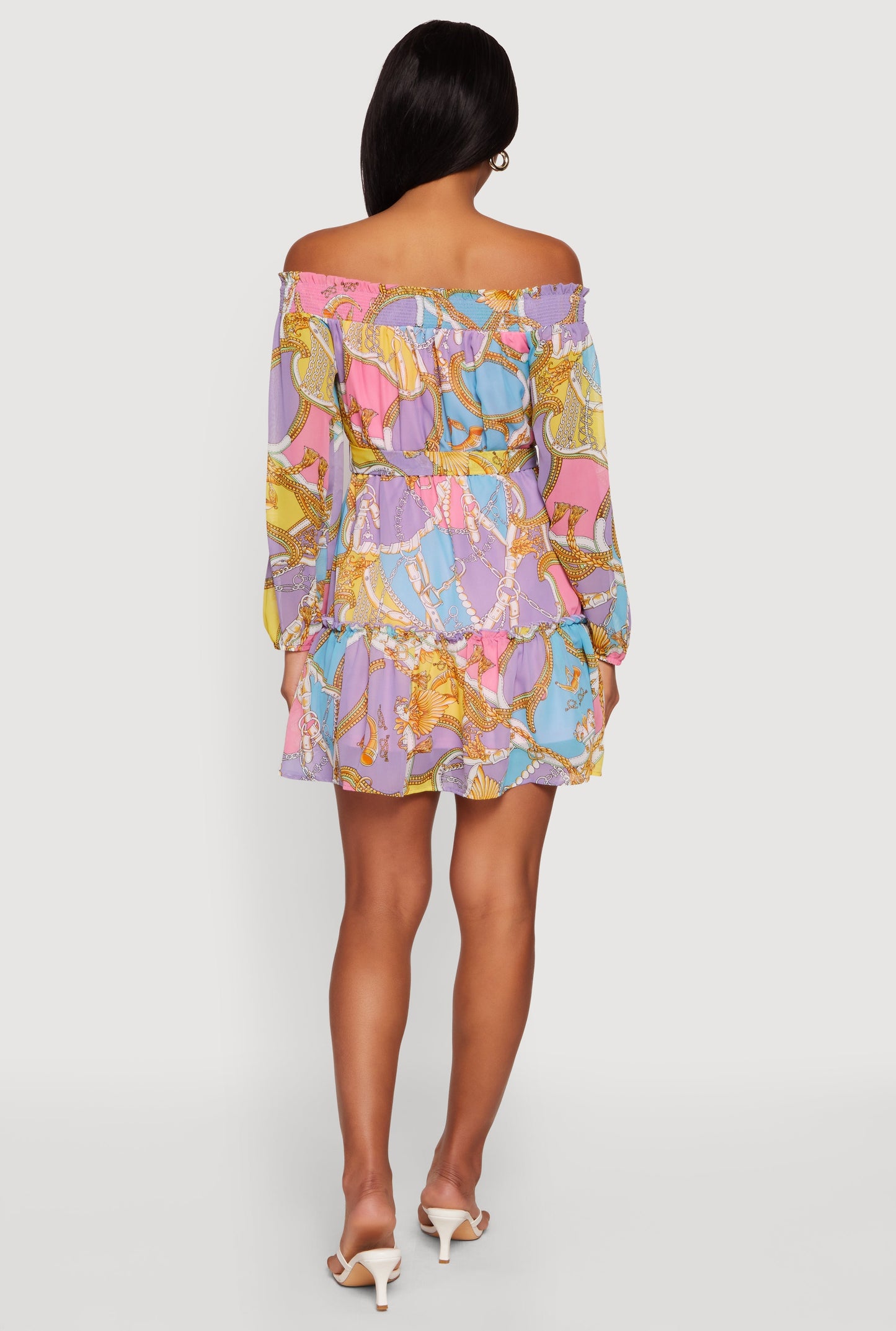 Chain Print Off The Shoulder Tie Waist Belted Dress