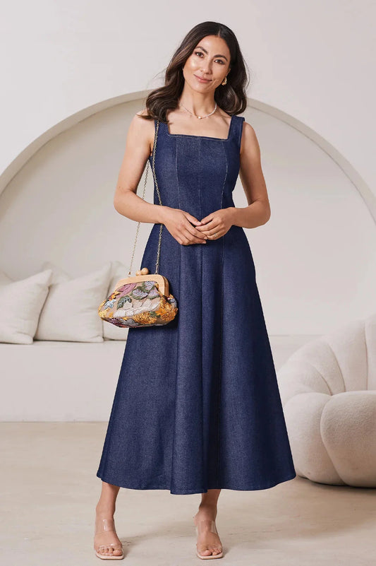 Julia Sleeveless Midi Dress in Denim