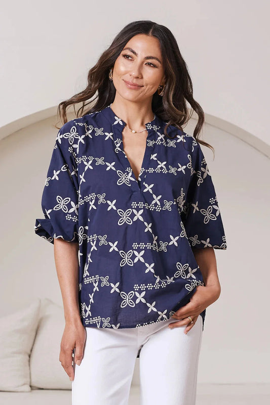 Valeria Embroidered 3/4 Sleeve Top in Navy