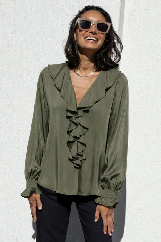 Alyssa Ruffle V-Neck Long Sleeve Top Olive