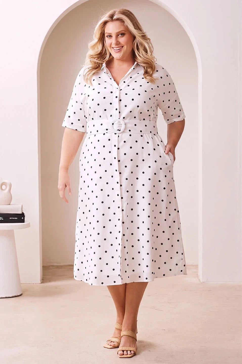 Celia Dress White with Black Polka Dots