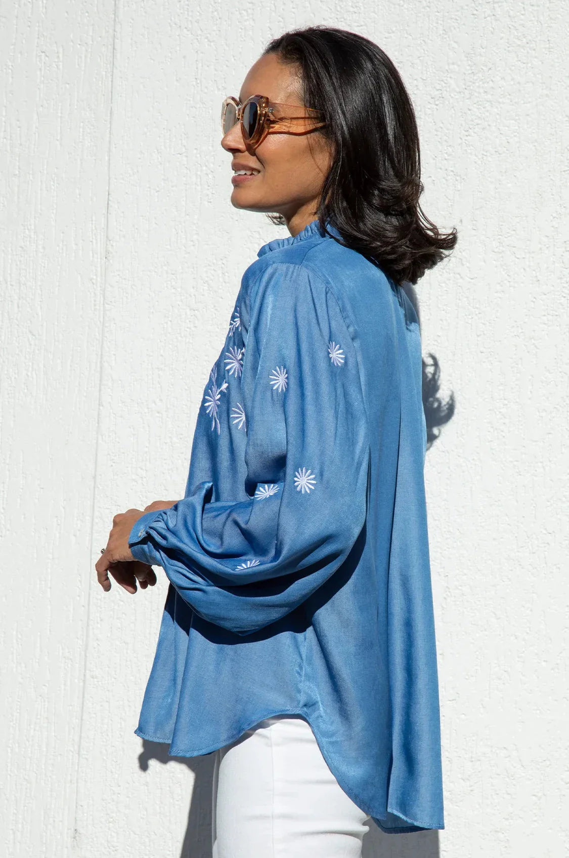 Daphne Embroidered Collared Shirt Denim Blue