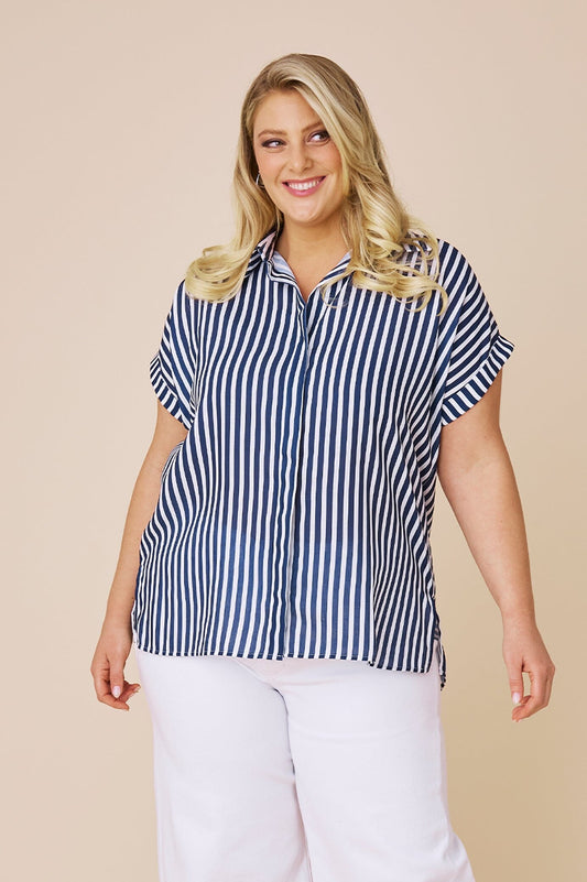 Clem Cotton Striped Top Navy and White