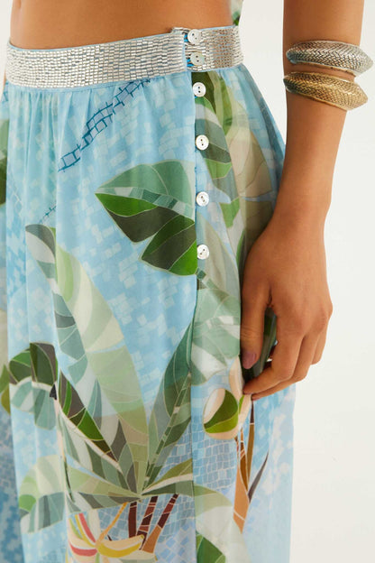 Blue Embroidered Side Buttons Balloon Pants