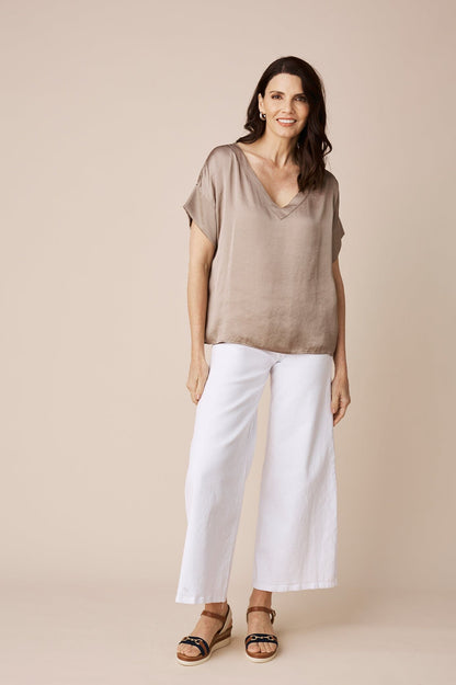 Bianca Short Sleeve Top Almond with V Neck