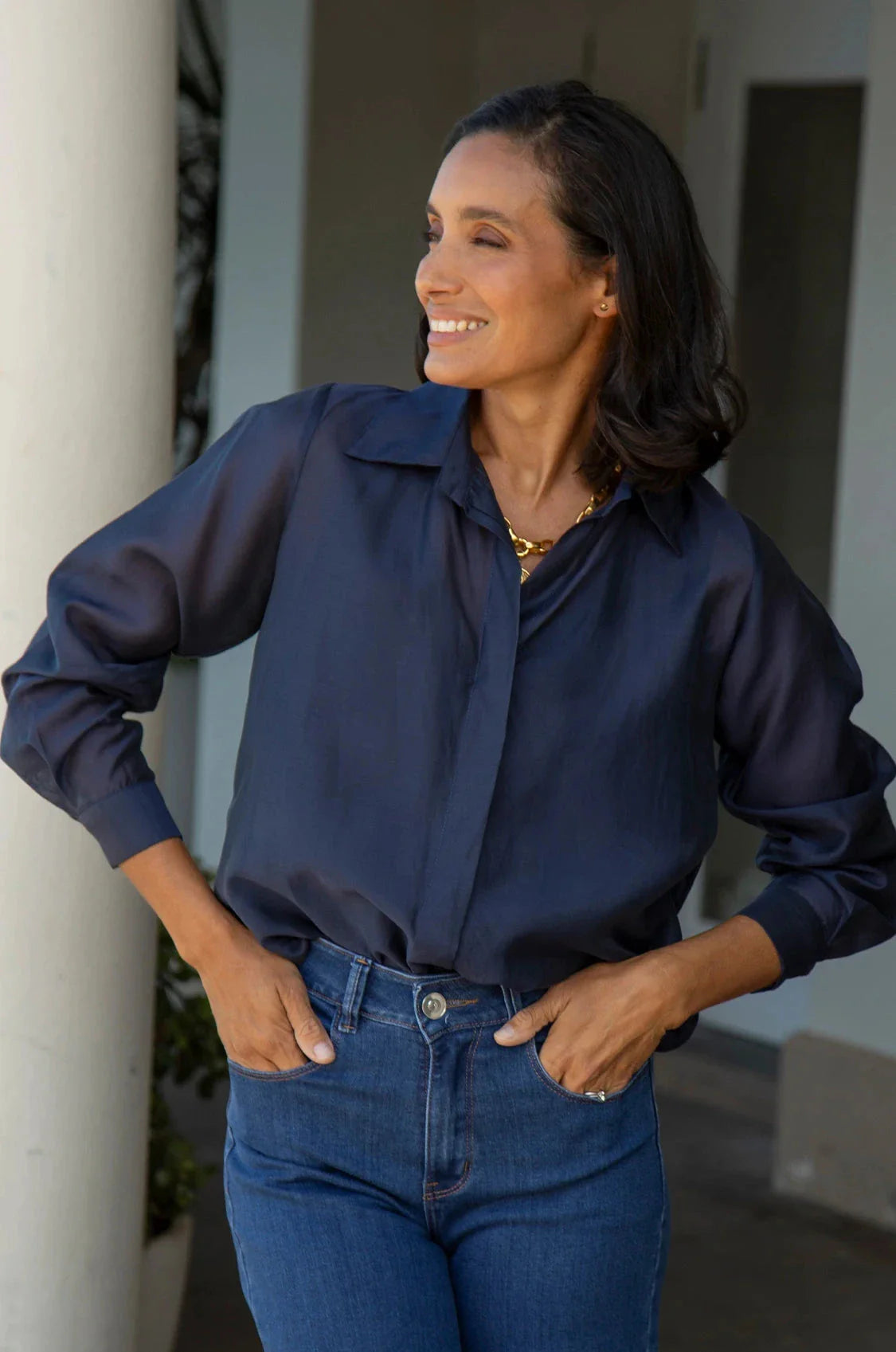 Maribelle Sheer Long Sleeve Top in Navy
