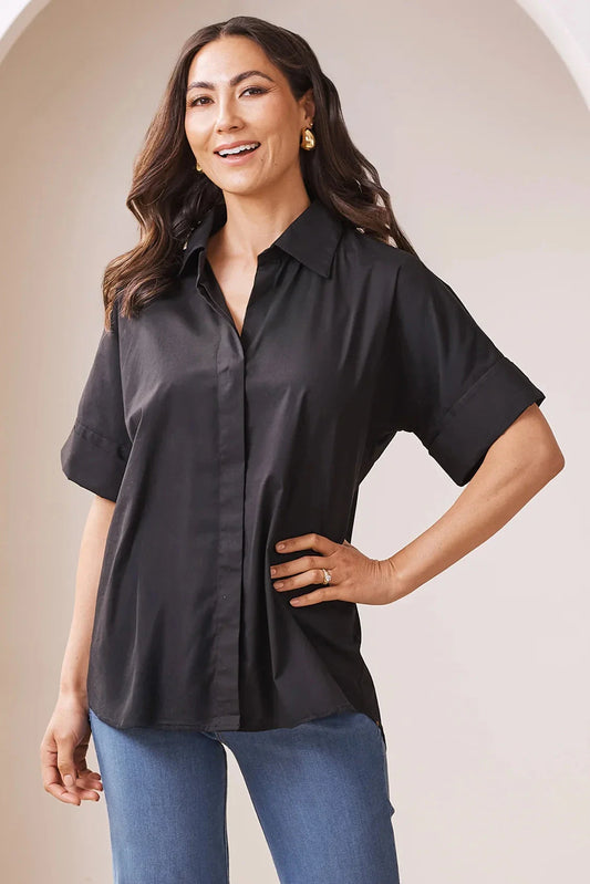 Tia Short Sleeve Cotton Top in Black
