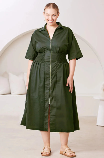 Laura Short Sleeve Smocked Waist Zip Front Midi Dress Olive