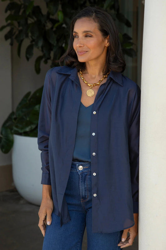 Maribelle Sheer Long Sleeve Top in Navy