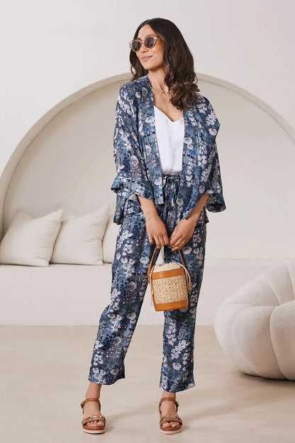 Lissy Floral Print Tapered Pants in Slate Blue