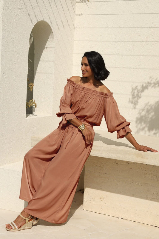 Vittoria Smocked Waist Wide Leg Pants Coffee