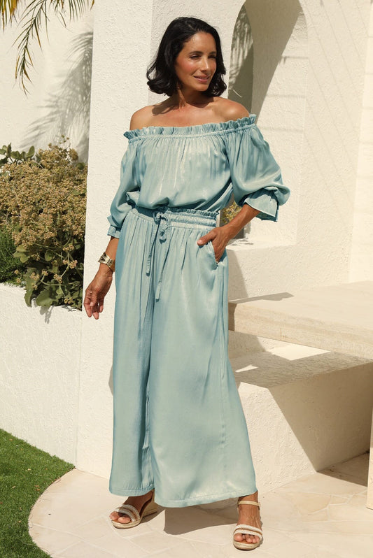 Vittoria Smocked Waist Wide Leg Pants Teal