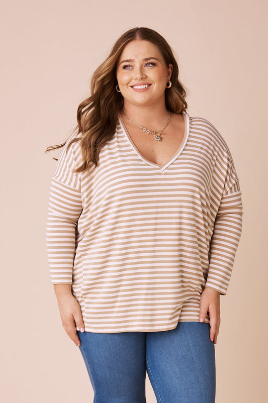 Erica Essential Long Sleeve Top Striped Camel