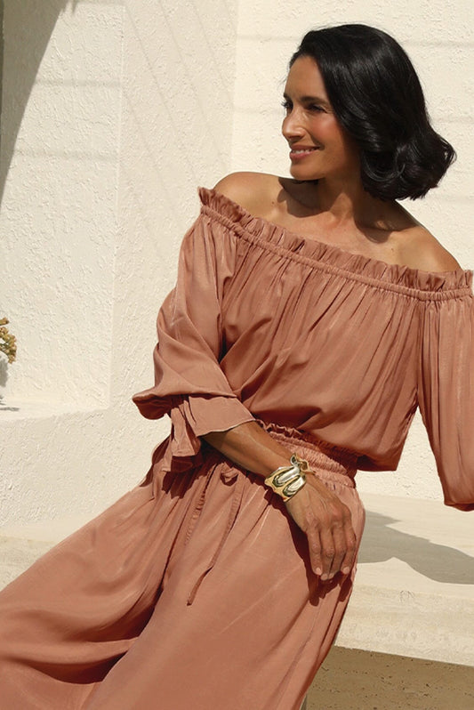 Vittoria Frill Trim Off Shoulder Long Sleeve Top Coffee