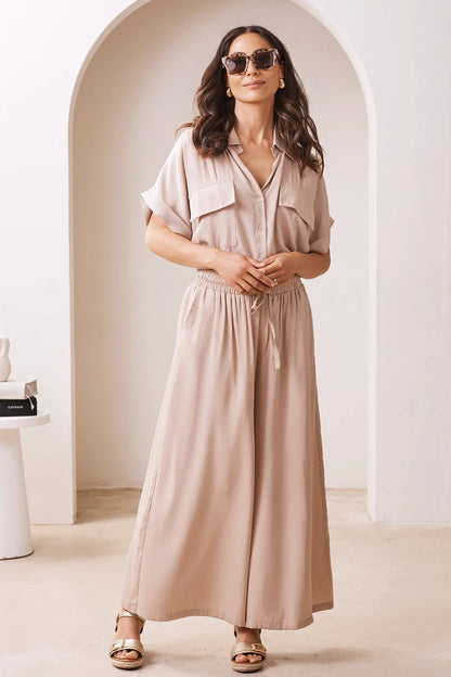 Vittoria Short Sleeve Collared V-Neck Shirt Taupe