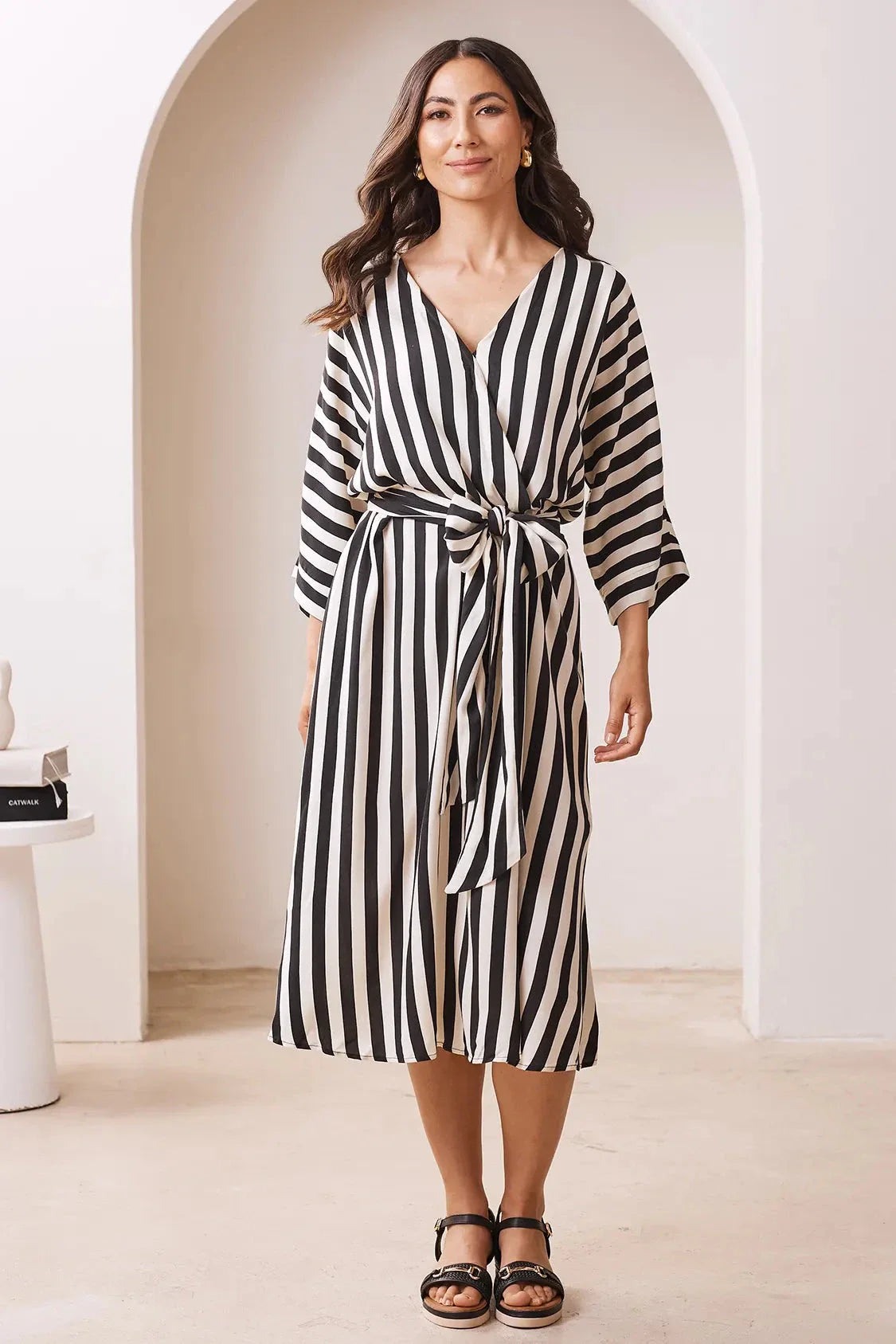Francesca Striped Midi Dress Black and Ivory