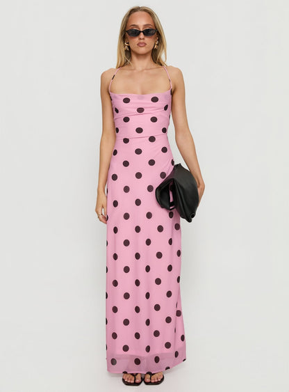 Celena Maxi Dress Pink / Brown Polka Dot