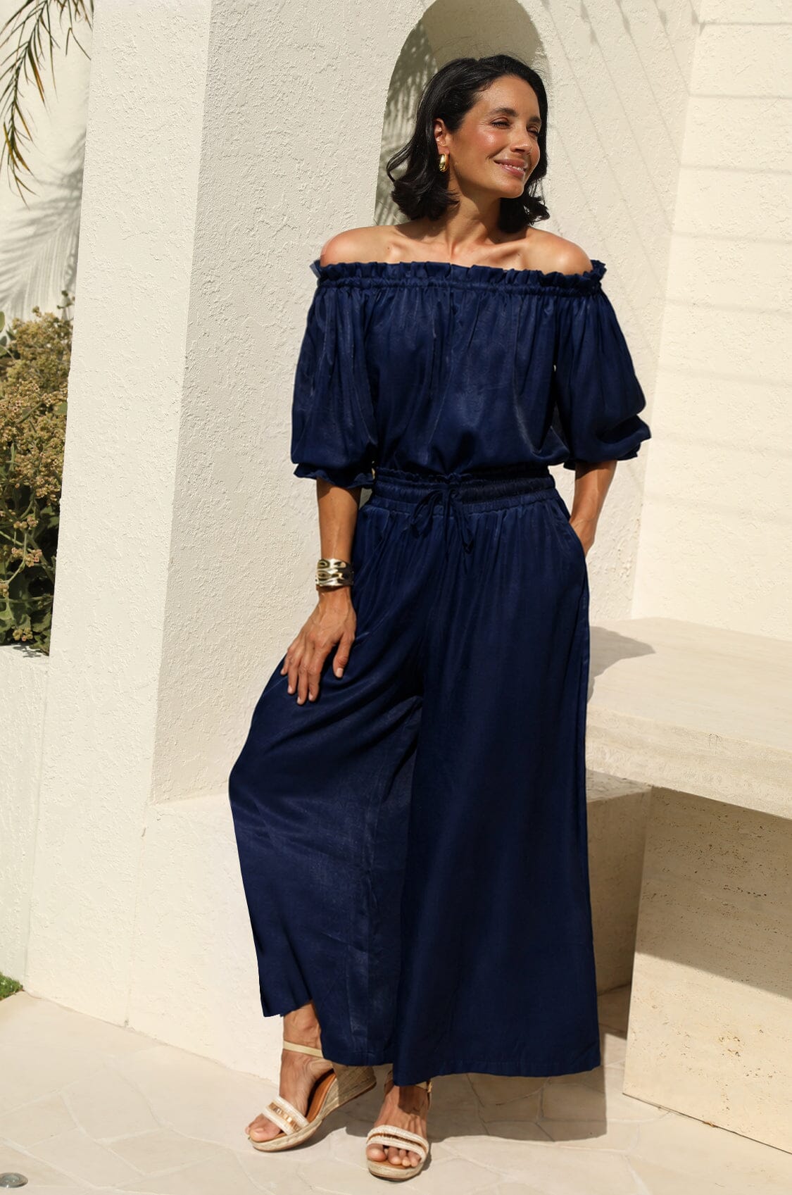 Vittoria Smocked Waist Wide Leg Pants Navy
