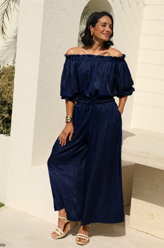 Vittoria Smocked Waist Wide Leg Pants Navy