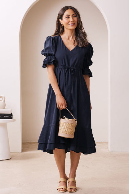 Laguna Short Balloon Sleeves V-Neck Midi Dress Navy