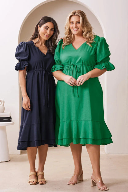 Laguna Short Balloon Sleeves V-Neck Midi Dress Navy
