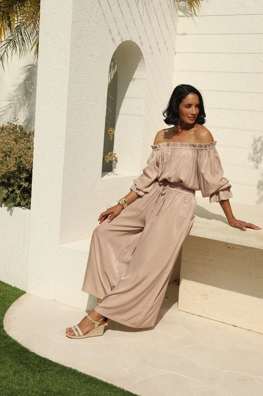 Vittoria Frill Trim Off Shoulder Long Sleeve Top Taupe