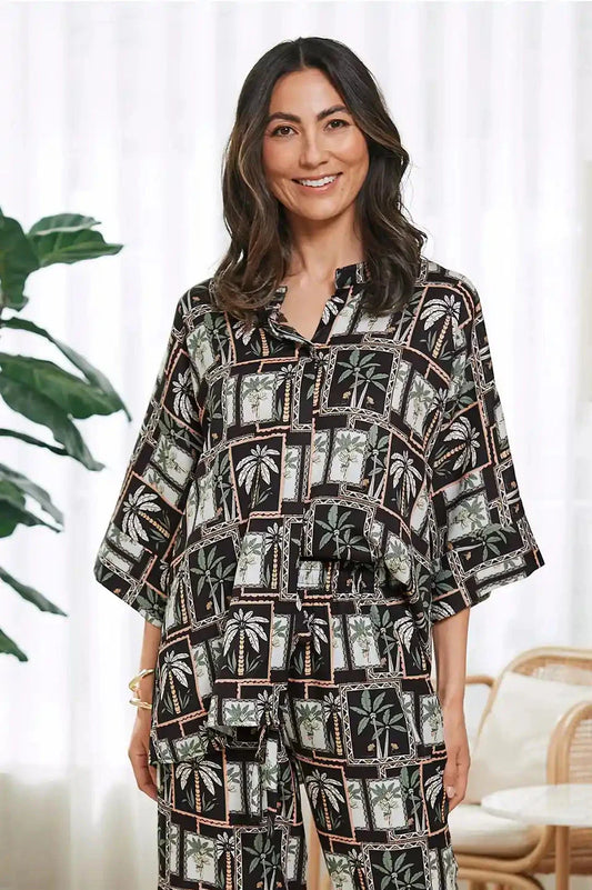 Maui Palm Print Top in Black and Green