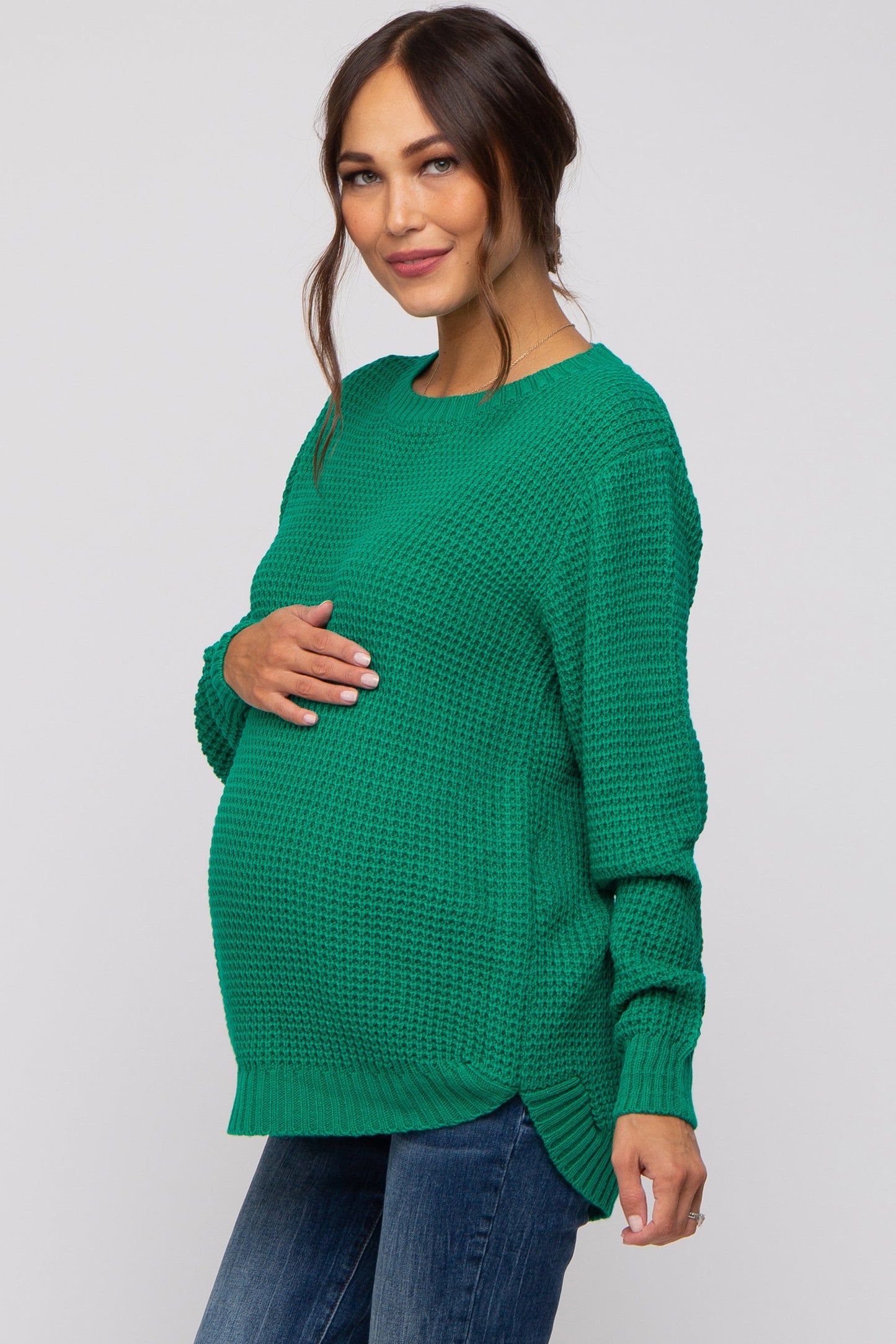 Emerald Green Waffle Knit Round Hem Maternity Sweater