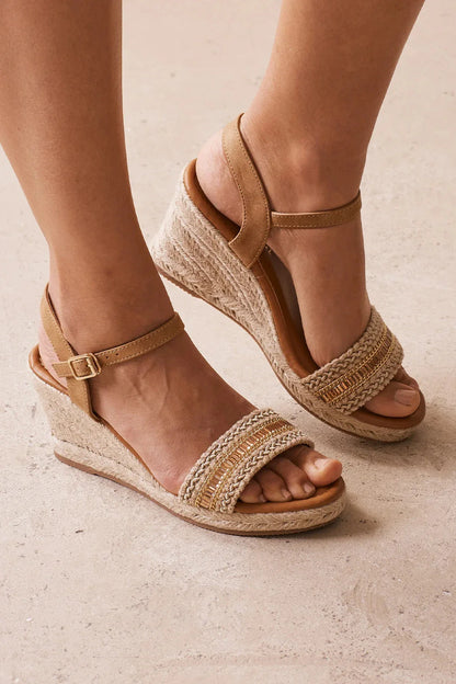Tayla Rhinestone Woven Wedges Beige