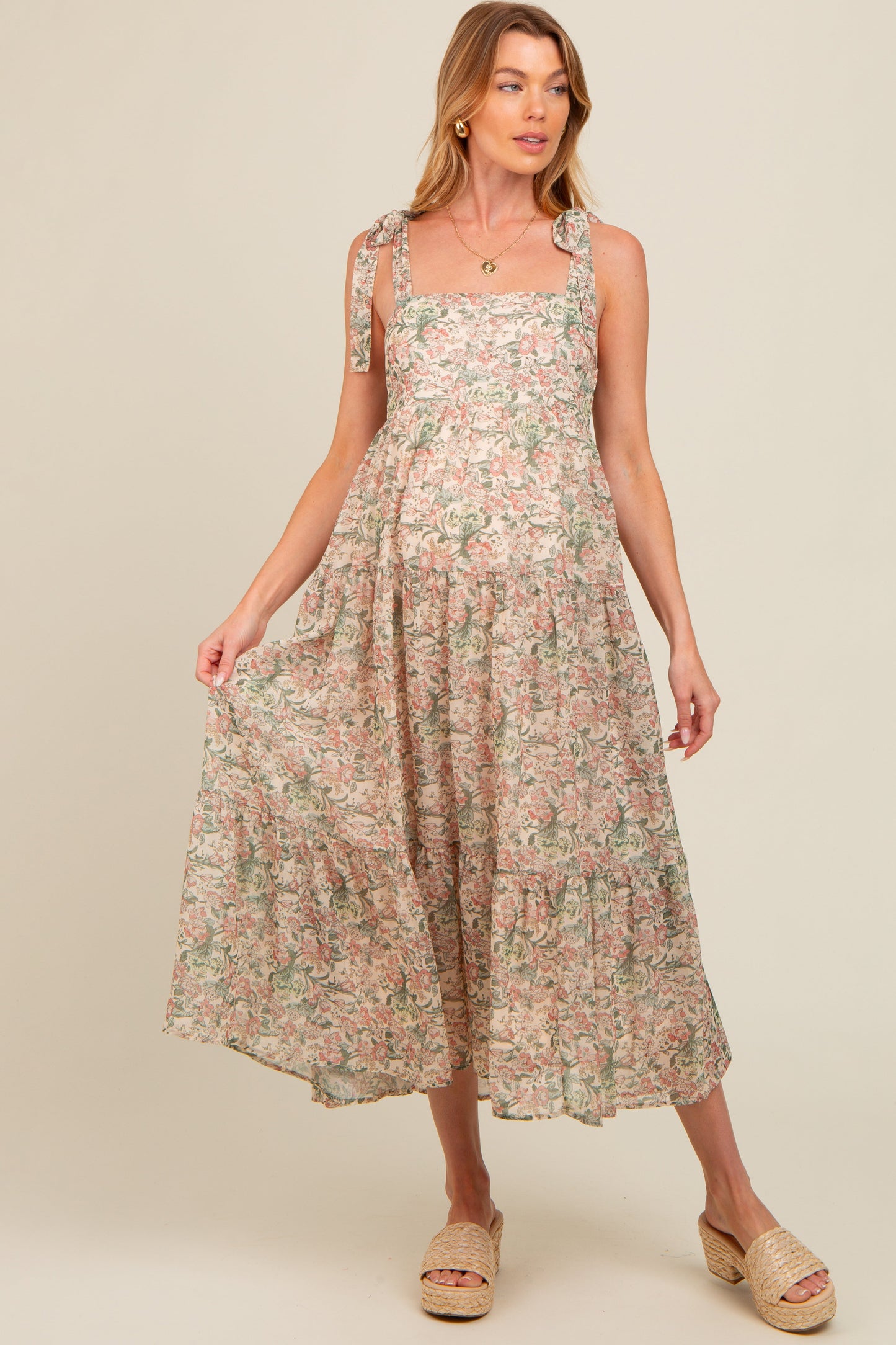 Cream Floral Shoulder Tie Tiered Maternity Maxi Dress