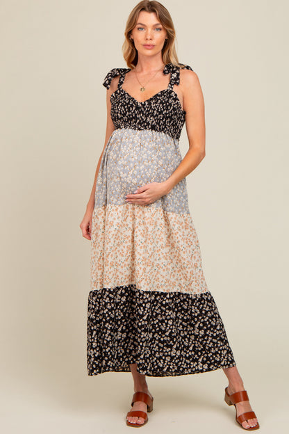 Multicolor Floral Colorblock Tier Shoulder Tie Maternity Maxi Dress
