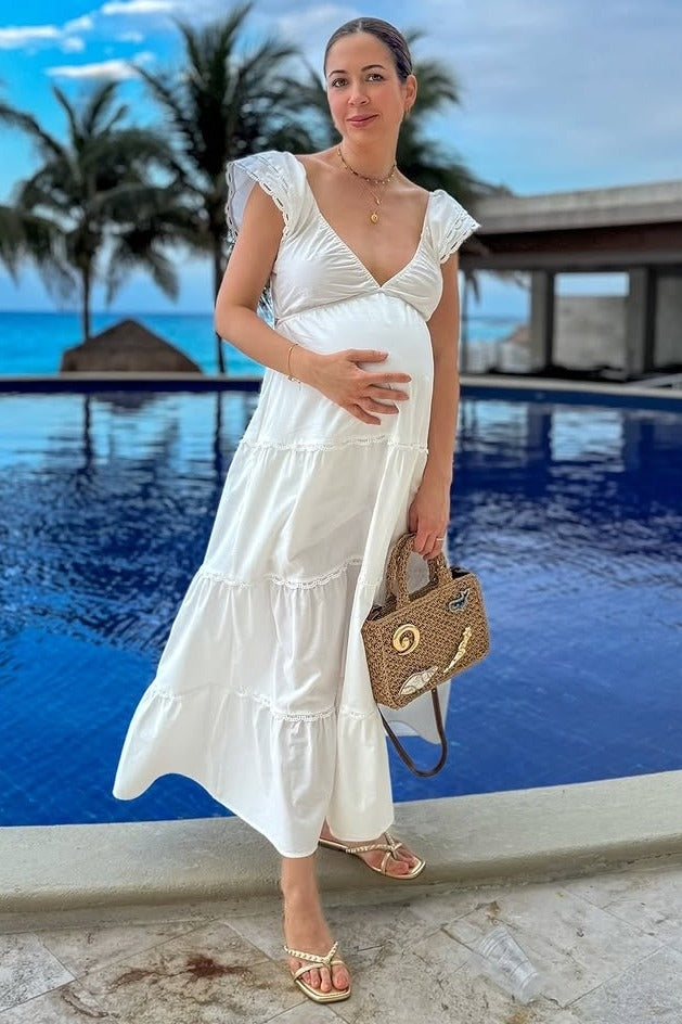 White Ruffle Trim Maternity Maxi Dress