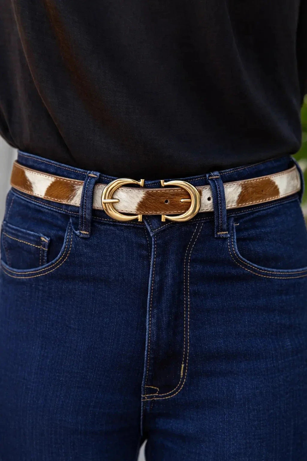 Ivy Skinny Double Buckle Belt Tan & White Cowhide
