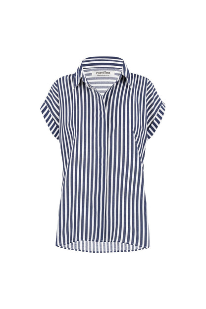 Clem Cotton Striped Top Navy and White