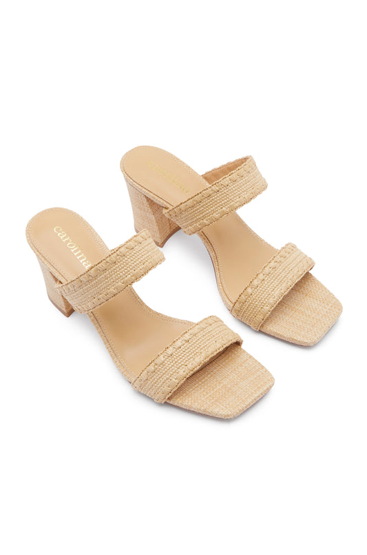 Corfu Raffia Double Strap Block Heels Natural