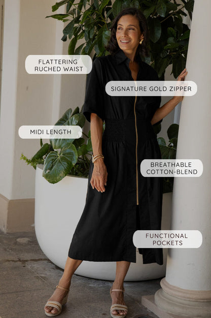 Laura Short Sleeve Smocked Waist Zip Front Midi Dress Olive