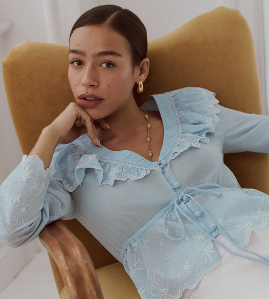 The Zoya Top - Powder Blue with White Embroidery