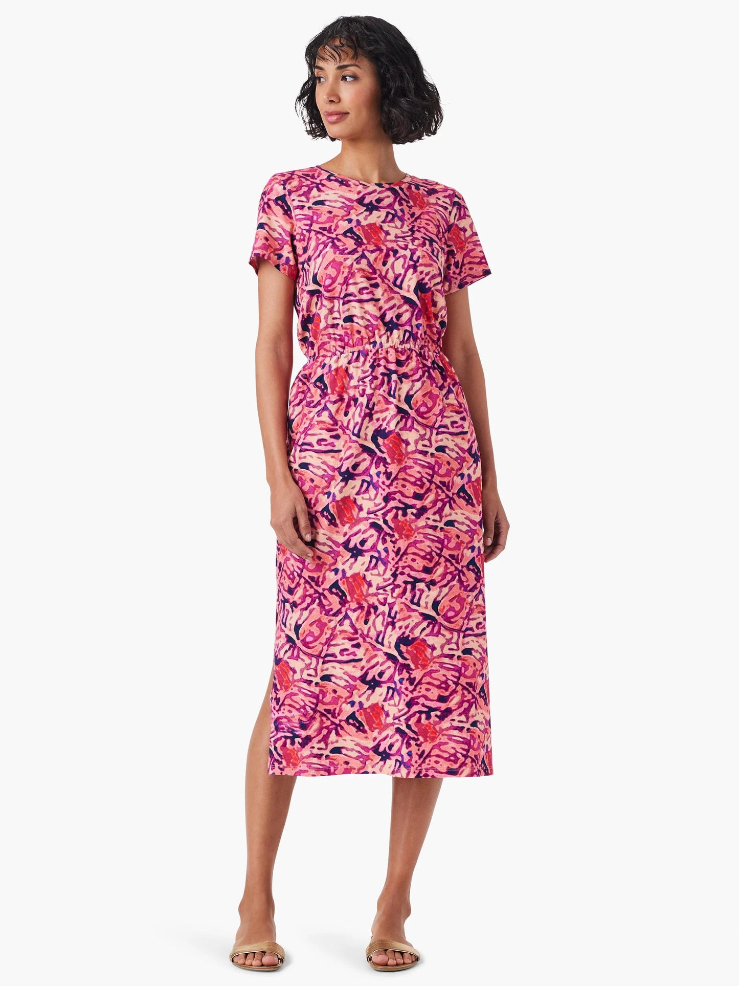 NZT Floral Short Sleeve Slit Midi Dress