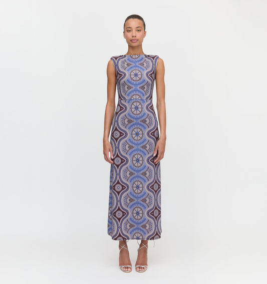 The Sloane Dress - Brown Cobalt Medallion