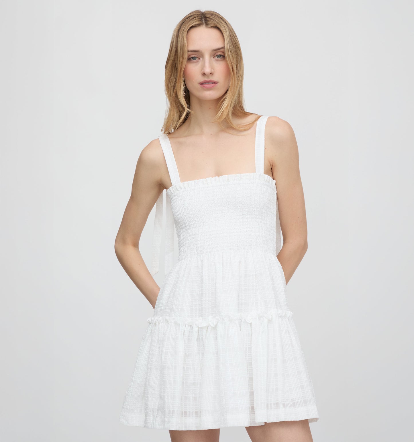 The Ribbon Seraphina Mini Nap Dress - White Crinkle Check