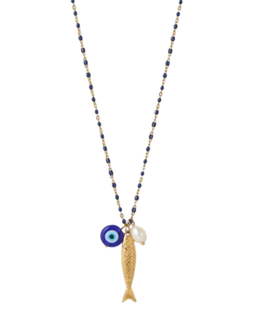 Fish for Luck. Enamel and Evil Eye Necklace